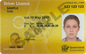 Example of Queensland driver licence, showing photo, personal details and the licence class and conditions