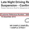 Sample late night driving restriction notice showing the customer reference number