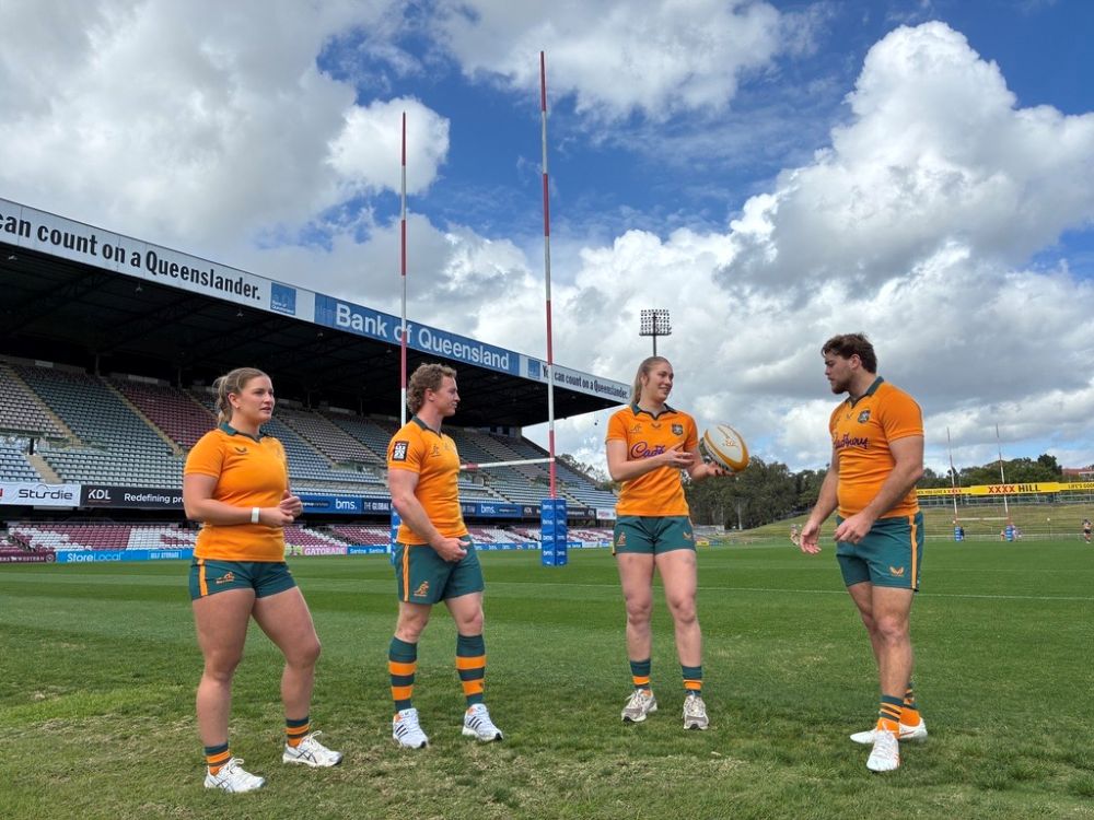 Australian rugby stars Isabella Nesser, Henry Hutchinson, Tiarah Minns and Fraser McReight