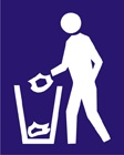 blue sign with a white icon of a person dropping something into a bin