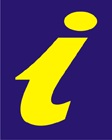 blue sign with a yellow cursive letter i