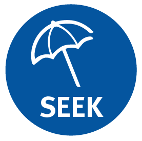 Icon of an umbrella and text 'seek' in white on blue background