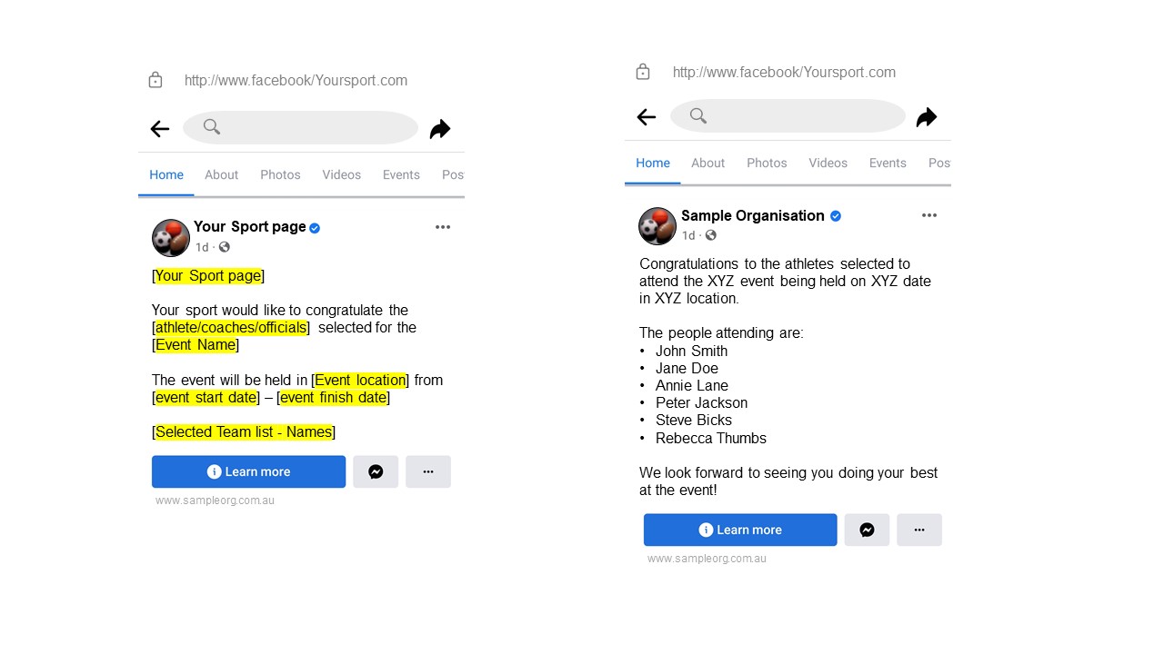 Grassroots to Gold application - example Facebook posts