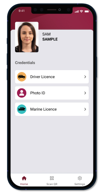 Image of the Digital Licence home screen, showing a person’s photo, their name, and 3 credentials they have, Driver Licence, Marine Licence and Photo ID.