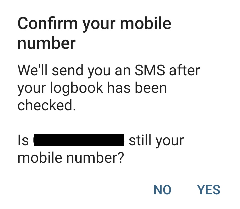 Dialog box asking customer to confirm their mobile number