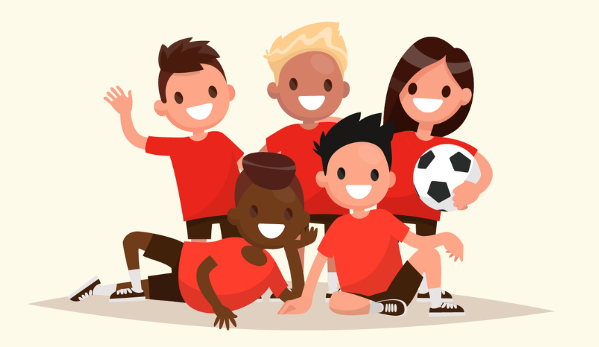 Campaign graphic contains five cartoon kids in sporting uniforms and a soccer ball. Kids pictured represent one girl and four boys of diverse cultural backgrounds.