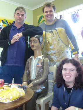 Artists Brett Patzwald, Peter Hughes and Fiona Bell at the Monte Lupo studio.