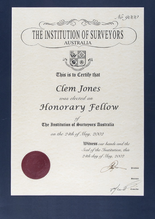 Honorary Fellowship awarded to Clem Jones by the Institution of Surveyors Australia