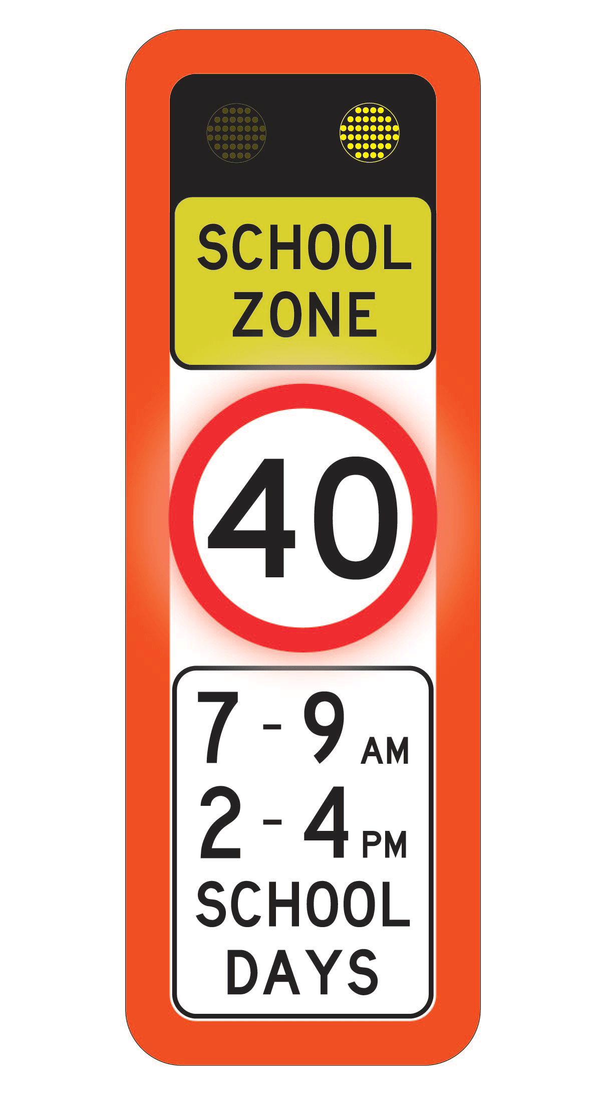 Flashing school zone sign showing alternating lights and speed ring