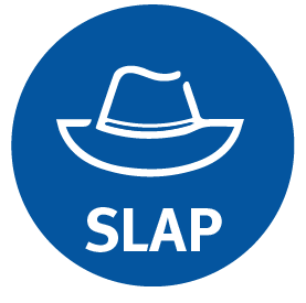 Icon of a hat and text 'slap' in white on blue background