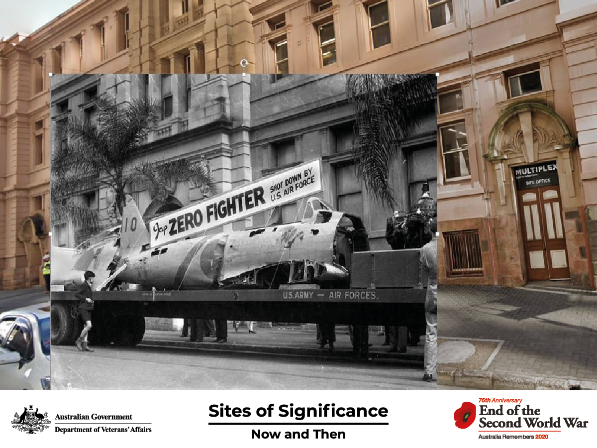 Remains of a Japanese Zero Fighter plane exhibited in an Air Training Corps march through Brisbane streets, 31 July 1943.