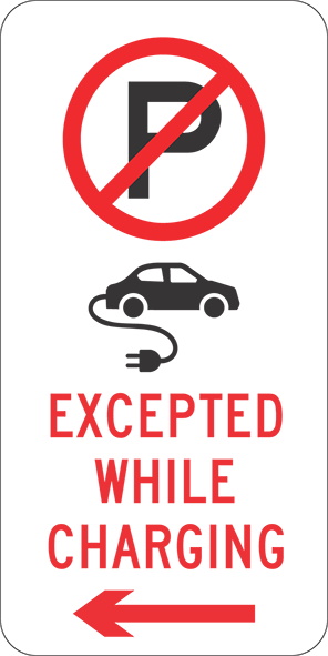 no parking sign except electric-powered vehicles. Directional arrow pointing left