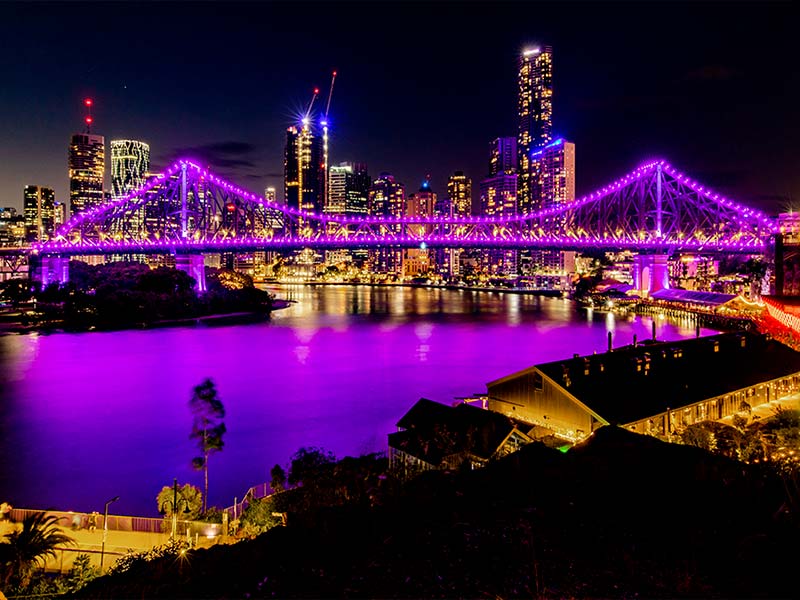 Brisbane’s iconic Story Bridge lit in purple to mark the 70th anniversary of Queen Elizabeth’s accession to the throne.