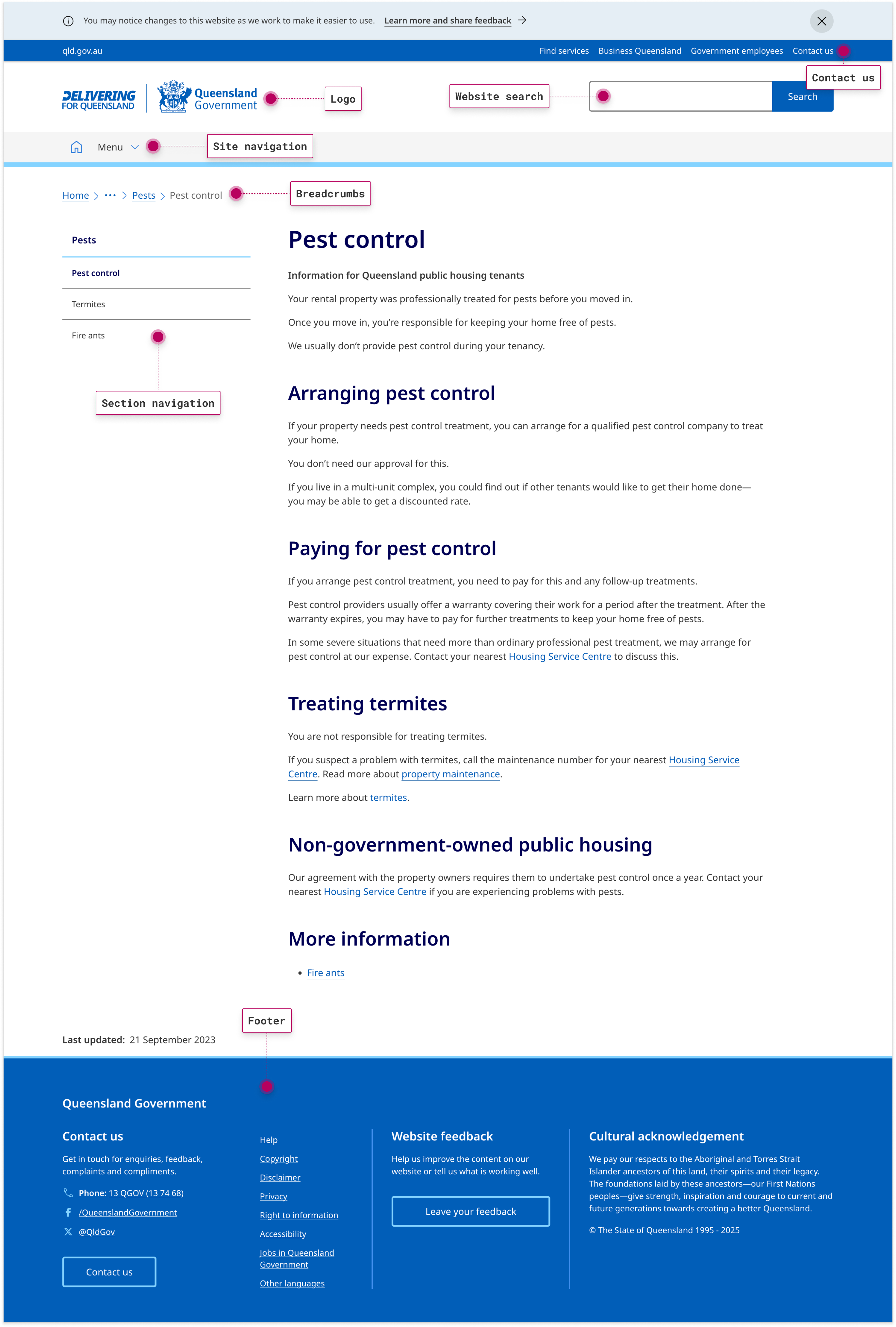 A screenshot of how a content page appears on a desktop device with the different sections identified, such as breadcrumbs, section navigation and the search function