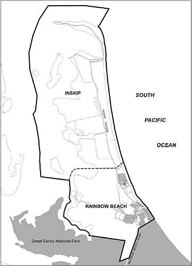 Map showing the localities of Rainbow Beach and Inskip.