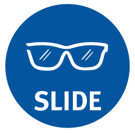 Icon of sunglasses and text 'slide' in white on blue background