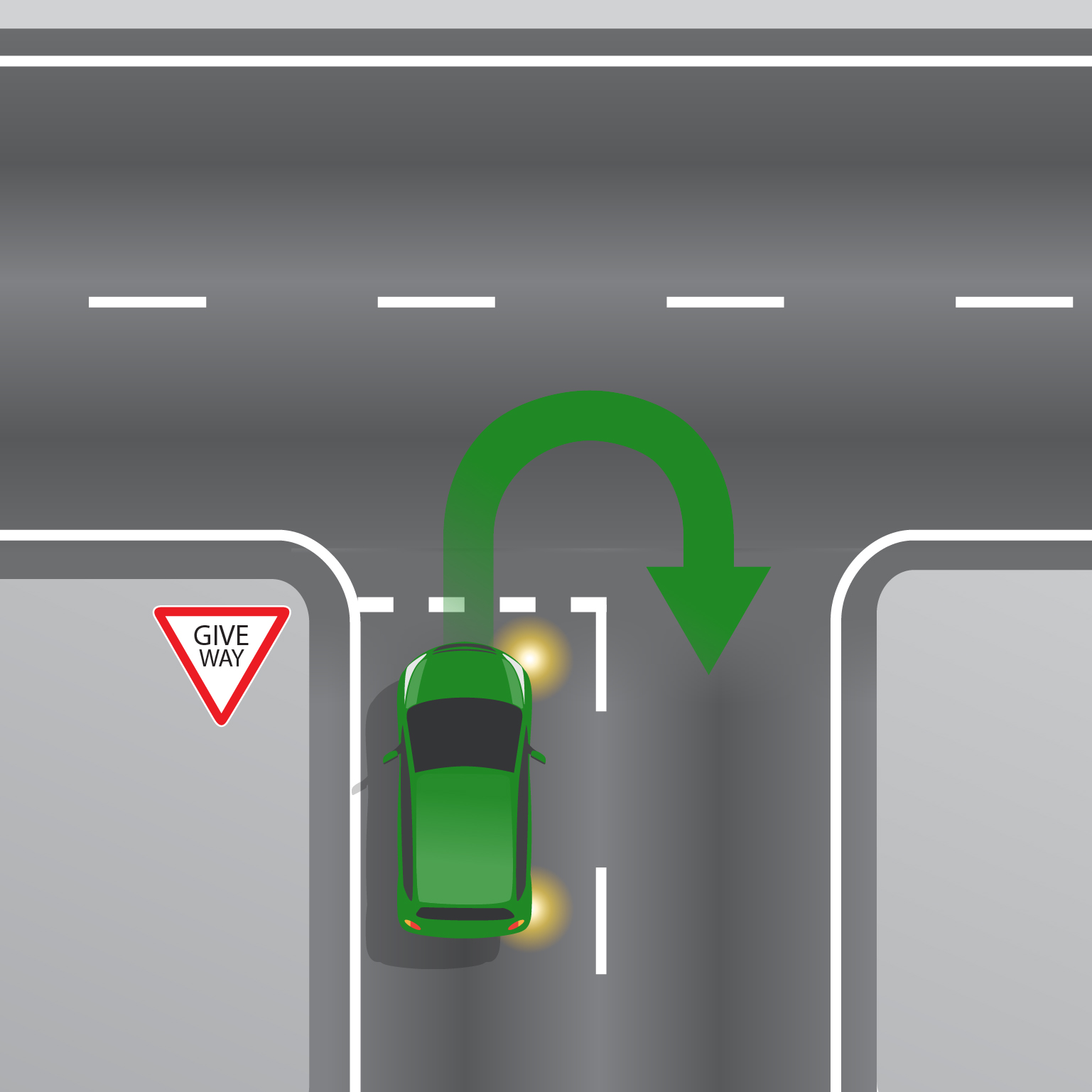 A car making a U-turn at a T-intersection, going back the same direction it came from