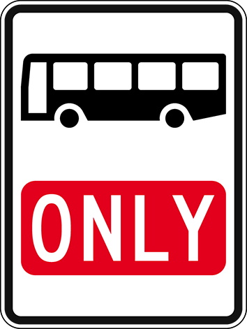 Image of a bus with the word ONLY underneath is. The word "ONLY" is white text on red background.