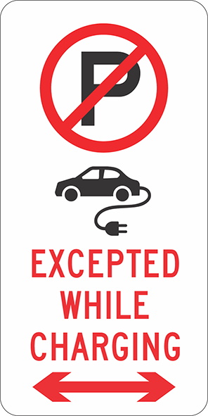 no parking sign except electric-powered vehicles. Directional arrow pointing left and right