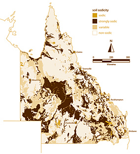 Map of Queensland showing distribution of naturally occurring sodic soils 