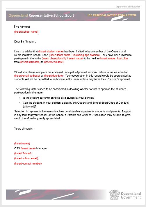 Grassroots to Gold application - sample letter to Principal