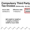 Sample compulsory third party (CTP) tax invoice showing the customer reference number