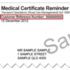 Sample medical certificate reminder showing the customer reference number