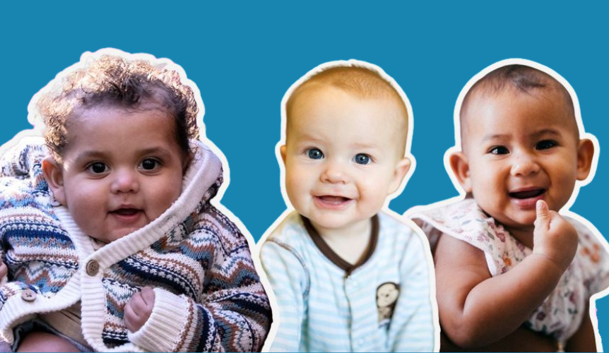 three babies of diverse cultural background smile for the camera. Images set against a blue backdrop.