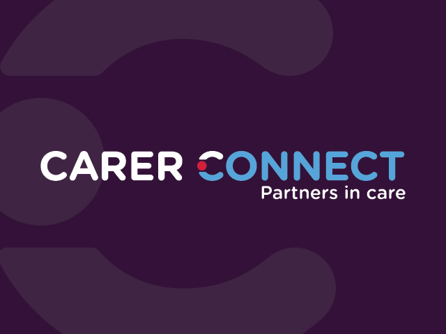 Career connect Logo purple background, with the words carer connect partners in care