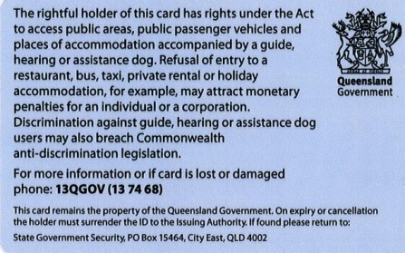 An example of the back of a Primary Handler Identity Card