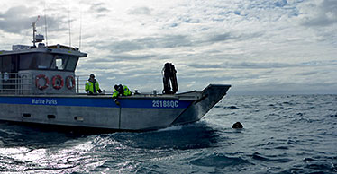Image of QPWS marine park's barge used to retrieve sub-sonic releases from the ocean.