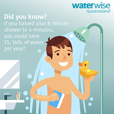 Illustration of a person having a shower. He is holding a yellow rubber duck in one hand and a blue sponge in the other