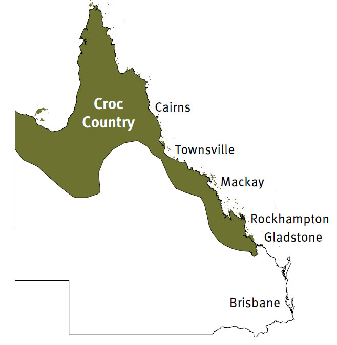 Map of Queensland and typical known crocodile habitats.
