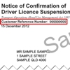 Sample notice of confirmation of driver licence suspension showing the customer reference number