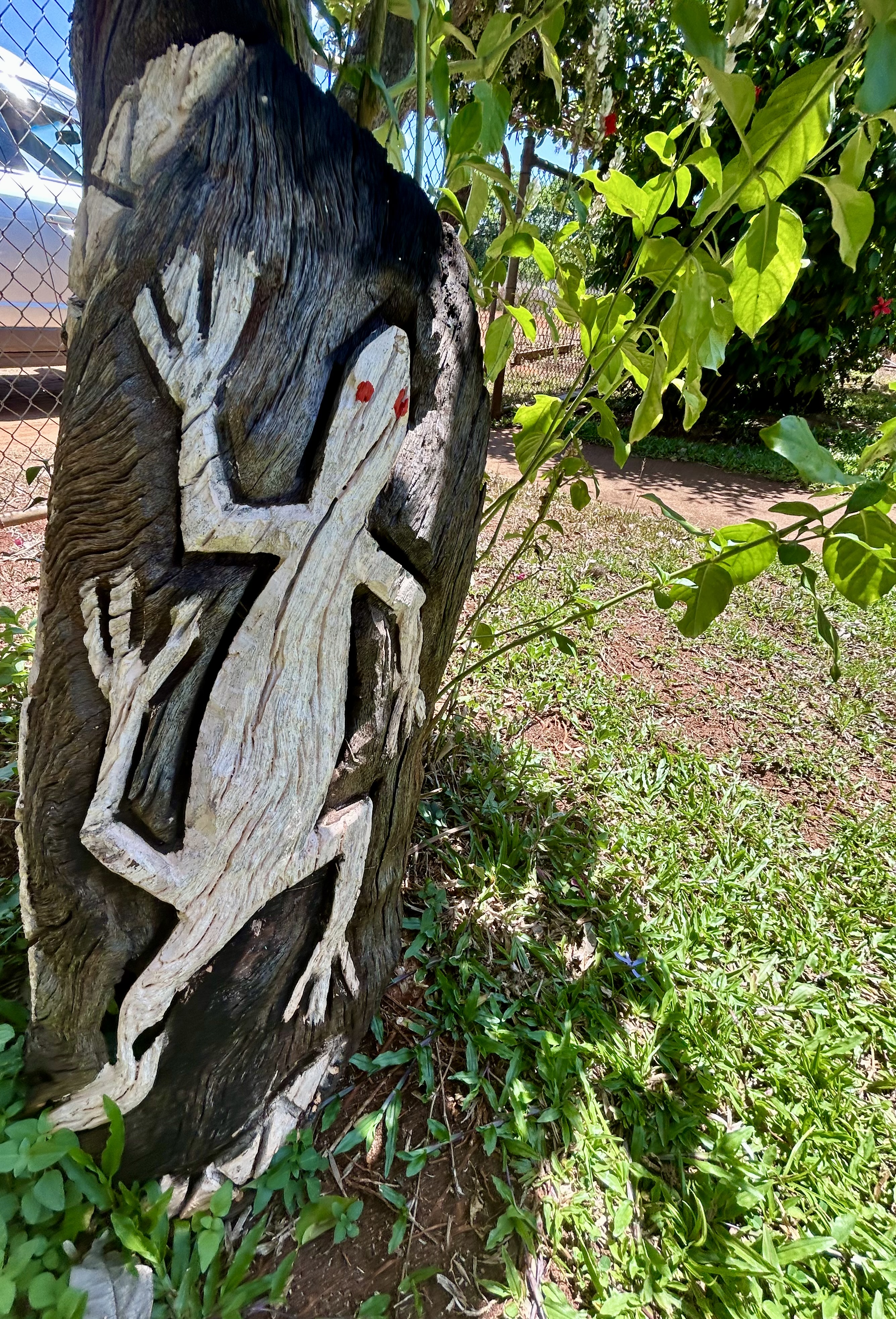 lizard painted on a tree stump