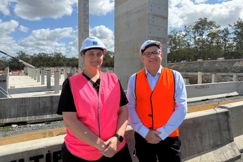 Dr Hailey Frieslich and Richard Christensen on site at the new Coomera Hospital. 