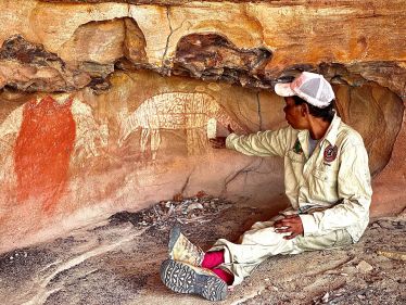 Woman ranger looks closely at a rock art site.