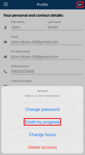 Profile options with Email my progress highlighted
