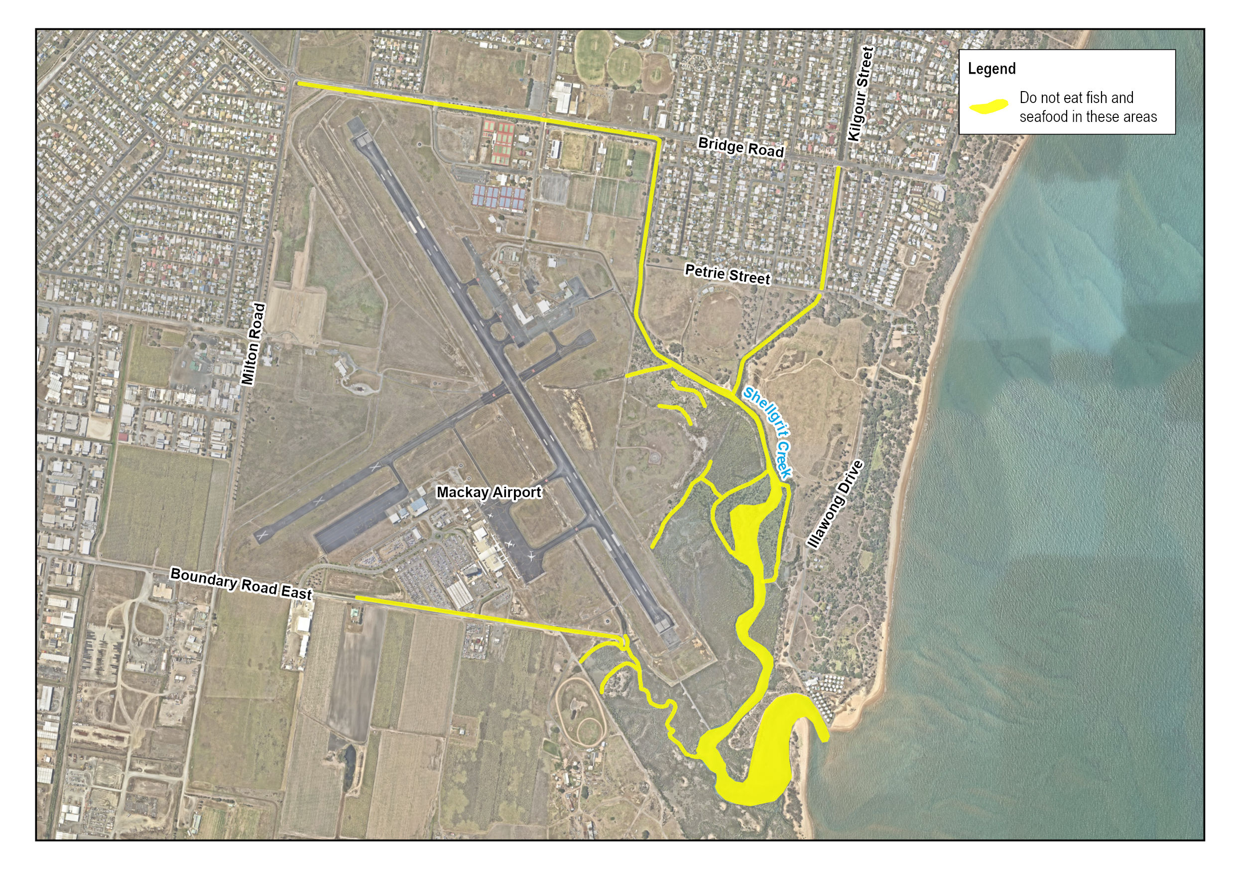 Map showing areas of Shellgrit Creek near Mackay Airport from which it is recommended fish and other seafood not be eaten.