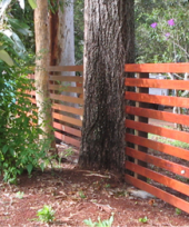 A horizontal slatted fence with trees nearby