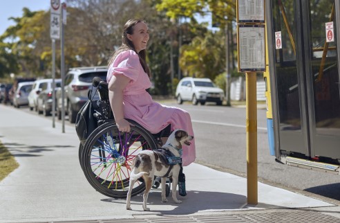 A young woman in a wheelchair is accompanied by an assistance dog. She is about to board a bus.