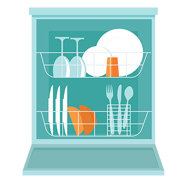 Illustration of a dishwasher with two shelves, the top one has two wine glasses, a small and large white plate and an orange cup. The bottom tray has three plates side on, two orange bowls and a cutlery basket with a knife, fork and spoon.