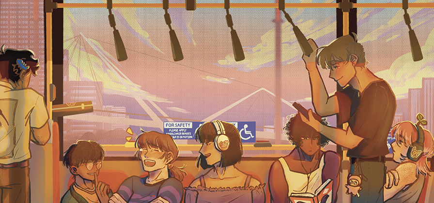 7 people on a train in various poses.