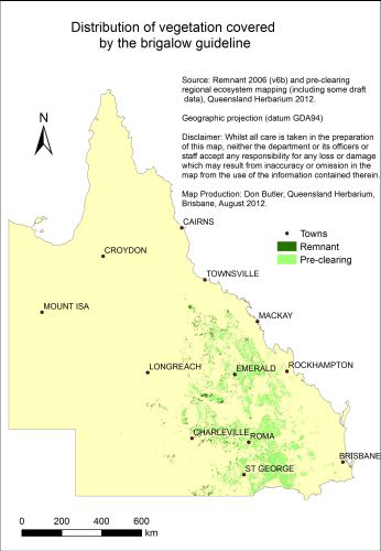 The distribution of pre-clearing and remnant brigalow vegetation in Queensland.