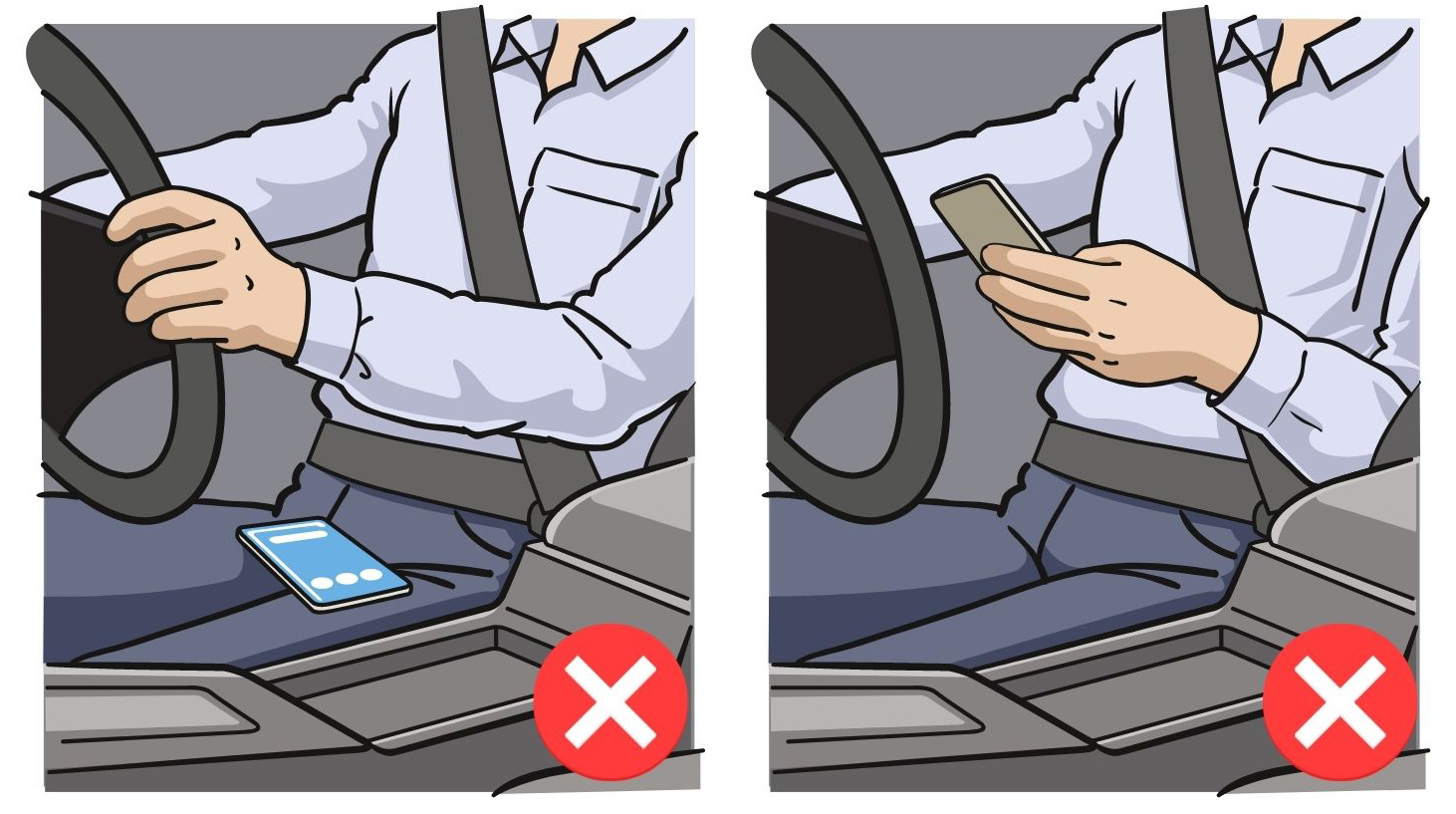 Graphic showing illegal use of mobile phone when driving, phone on lap and phone in hand.