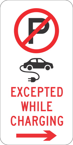 no parking sign except electric-powered vehicles. Directional arrow pointing right