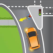 A orange Vehicle giving way to the pedestrian crossing the road.