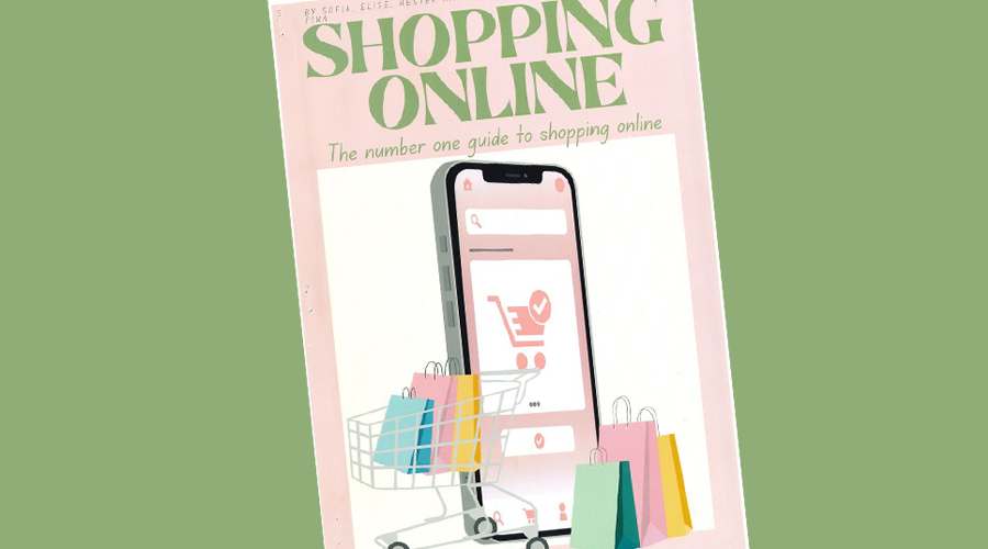 Magazine cover displaying graphics of a mobile phone, shopping trolley and shopping bags.