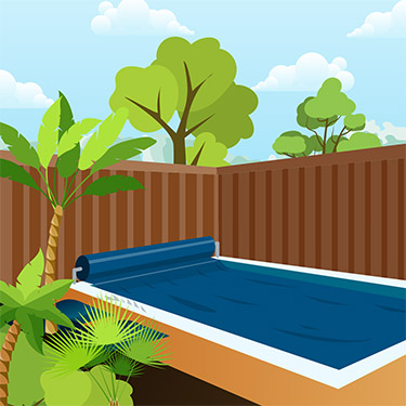 Illustration of a backyard inground pool with pool cover over the water. There are trees around the pool and it is inside a high timber fence.