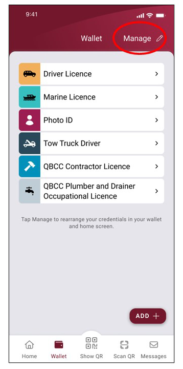Screenshot of the Digital Licence Wallet screen, with the Manage option circled in red at the top right.